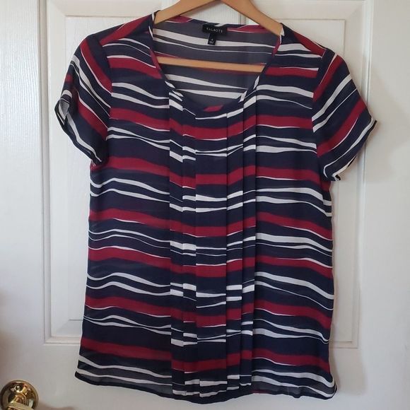 TALBOTS Silk Blouse Navy Blue Burgundy Painterly Stripe Pleats - Picture 8 of 10